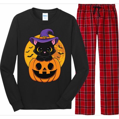 Halloween Black Cat Witch Hat Pumpkin For Long Sleeve Pajama Set