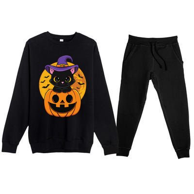 Halloween Black Cat Witch Hat Pumpkin For Premium Crewneck Sweatsuit Set