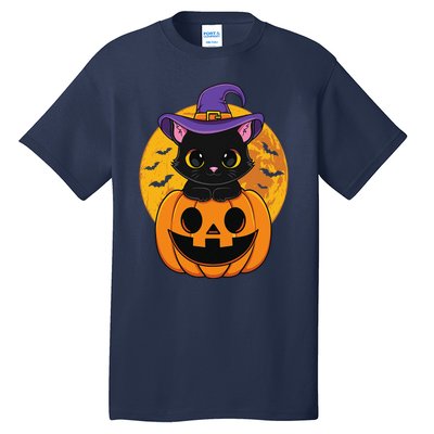 Halloween Black Cat Witch Hat Pumpkin For Tall T-Shirt