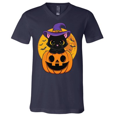 Halloween Black Cat Witch Hat Pumpkin For V-Neck T-Shirt