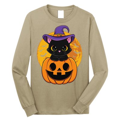 Halloween Black Cat Witch Hat Pumpkin For Long Sleeve Shirt