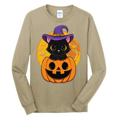 Halloween Black Cat Witch Hat Pumpkin For Tall Long Sleeve T-Shirt