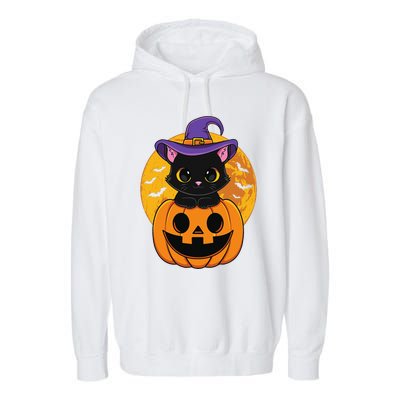 Halloween Black Cat Witch Hat Pumpkin For Garment-Dyed Fleece Hoodie