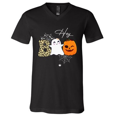 Hey Boo Cute Ghost Pumpkin Face Halloween V-Neck T-Shirt