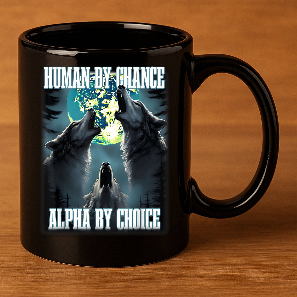 Human By Chance Alpha By Choice Funny Alpha Wolf Meme 11oz C Handle Ceramic Mug