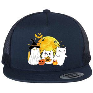 Halloween Black Cats In Ghost Costume Cute Flat Bill Trucker Hat