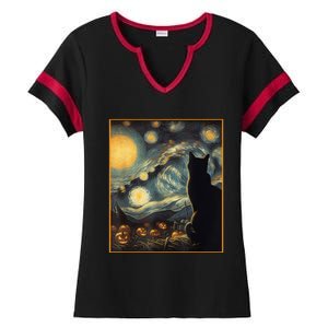 Halloween Black Cat Starry Night Cat Lovers Cat Ladies Halftime Notch Neck Tee