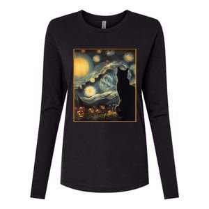 Halloween Black Cat Starry Night Cat Lovers Cat Womens Cotton Relaxed Long Sleeve T-Shirt