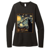 Halloween Black Cat Starry Night Cat Lovers Cat Womens CVC Long Sleeve Shirt