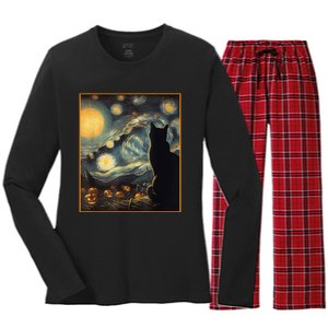 Halloween Black Cat Starry Night Cat Lovers Cat Women's Long Sleeve Flannel Pajama Set 