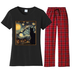 Halloween Black Cat Starry Night Cat Lovers Cat Women's Flannel Pajama Set