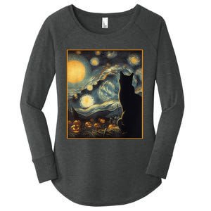 Halloween Black Cat Starry Night Cat Lovers Cat Women's Perfect Tri Tunic Long Sleeve Shirt