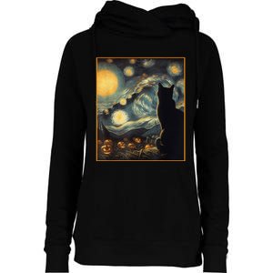 Halloween Black Cat Starry Night Cat Lovers Cat Womens Funnel Neck Pullover Hood