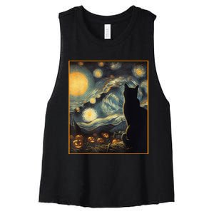 Halloween Black Cat Starry Night Cat Lovers Cat Women's Racerback Cropped Tank