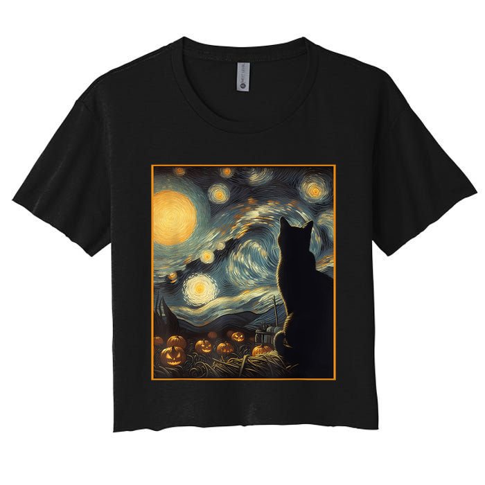 Halloween Black Cat Starry Night Cat Lovers Cat Women's Crop Top Tee