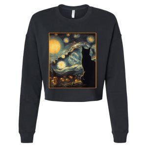 Halloween Black Cat Starry Night Cat Lovers Cat Cropped Pullover Crew