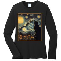 Halloween Black Cat Starry Night Cat Lovers Cat Ladies Long Sleeve Shirt