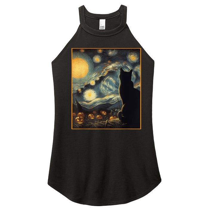 Halloween Black Cat Starry Night Cat Lovers Cat Women's Perfect Tri Rocker Tank