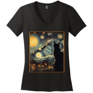 Halloween Black Cat Starry Night Cat Lovers Cat Women's V-Neck T-Shirt