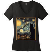 Halloween Black Cat Starry Night Cat Lovers Cat Women's V-Neck T-Shirt