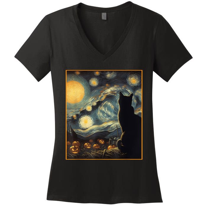 Halloween Black Cat Starry Night Cat Lovers Cat Women's V-Neck T-Shirt