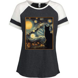 Halloween Black Cat Starry Night Cat Lovers Cat Enza Ladies Jersey Colorblock Tee