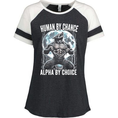 Human By Chance Alpha By Choice Funny Wolf Enza Ladies Jersey Colorblock Tee