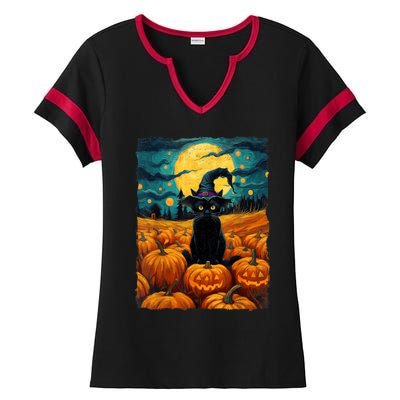 Halloween Black Cat Van Gogh Witch Kawaii Pumpkin Ladies Halftime Notch Neck Tee