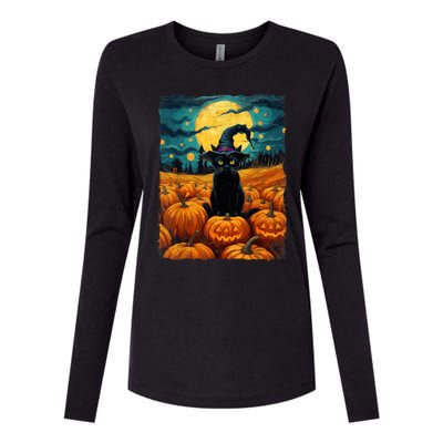 Halloween Black Cat Van Gogh Witch Kawaii Pumpkin Womens Cotton Relaxed Long Sleeve T-Shirt