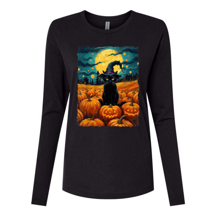 Halloween Black Cat Van Gogh Witch Kawaii Pumpkin Womens Cotton Relaxed Long Sleeve T-Shirt