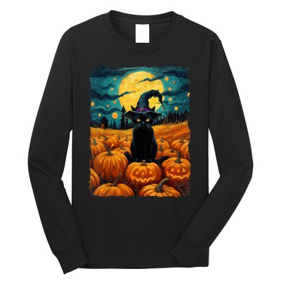 Halloween Black Cat Van Gogh Witch Kawaii Pumpkin Long Sleeve Shirt