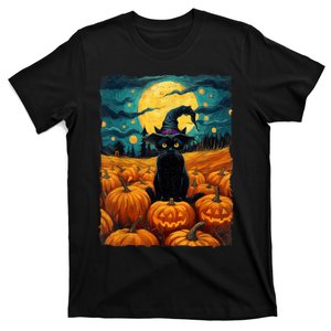 Halloween Black Cat Van Gogh Witch Kawaii Pumpkin T-Shirt