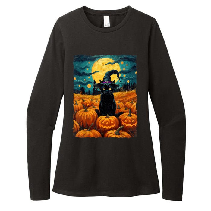 Halloween Black Cat Van Gogh Witch Kawaii Pumpkin Womens CVC Long Sleeve Shirt