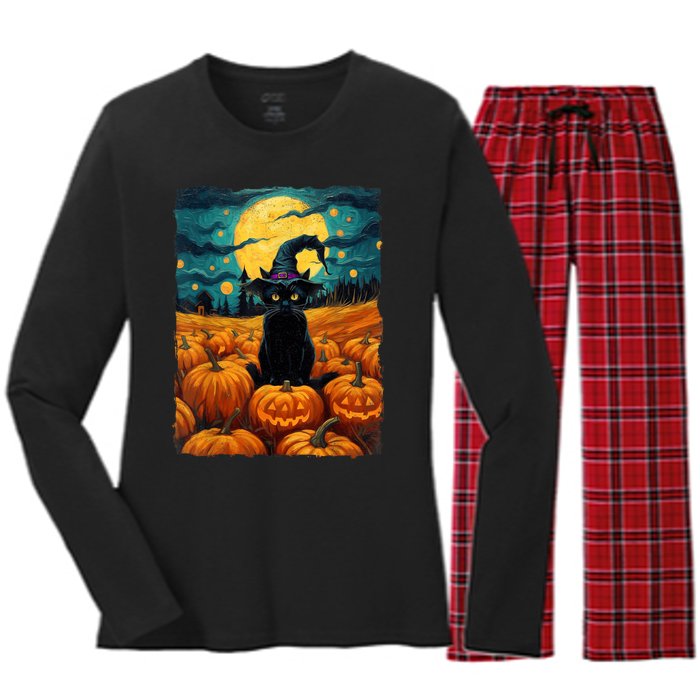 Halloween Black Cat Van Gogh Witch Kawaii Pumpkin Women's Long Sleeve Flannel Pajama Set 