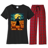 Halloween Black Cat Van Gogh Witch Kawaii Pumpkin Women's Flannel Pajama Set