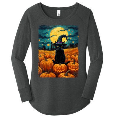 Halloween Black Cat Van Gogh Witch Kawaii Pumpkin Women's Perfect Tri Tunic Long Sleeve Shirt