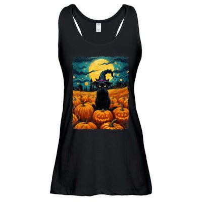 Halloween Black Cat Van Gogh Witch Kawaii Pumpkin Ladies Essential Flowy Tank