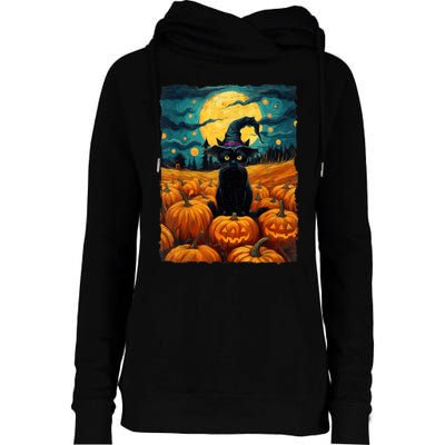 Halloween Black Cat Van Gogh Witch Kawaii Pumpkin Womens Funnel Neck Pullover Hood