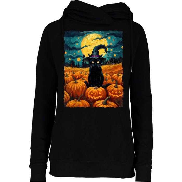 Halloween Black Cat Van Gogh Witch Kawaii Pumpkin Womens Funnel Neck Pullover Hood