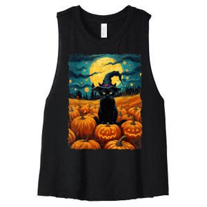 Halloween Black Cat Van Gogh Witch Kawaii Pumpkin Women's Racerback Cropped Tank