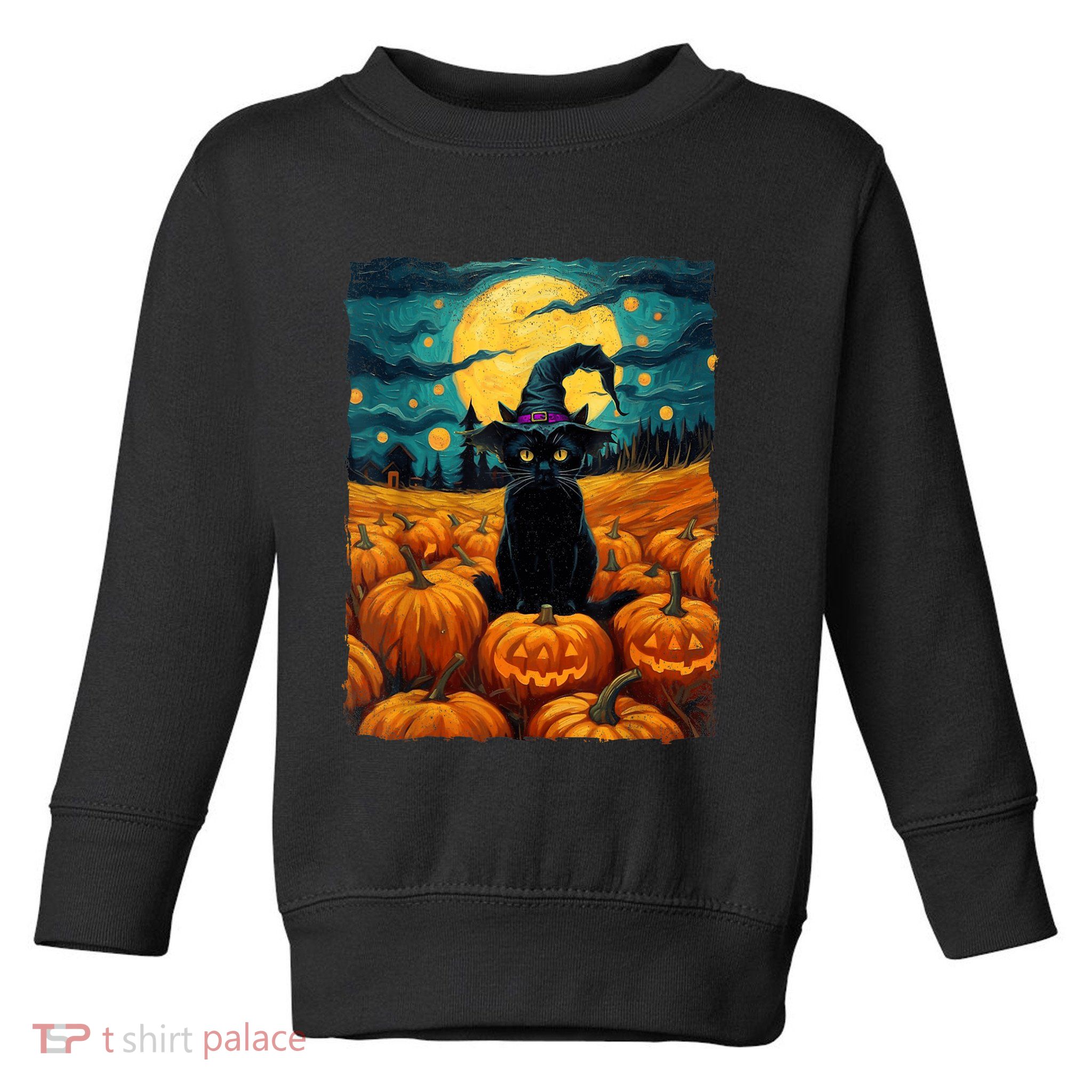 Halloween Black Cat Van Gogh Witch Kawaii Pumpkin Toddler Sweatshirt