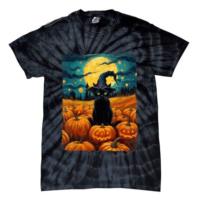 Halloween Black Cat Van Gogh Witch Kawaii Pumpkin Tie-Dye T-Shirt