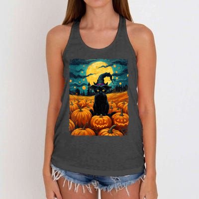 Halloween Black Cat Van Gogh Witch Kawaii Pumpkin Women's Knotted Racerback Tank