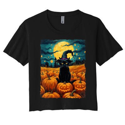 Halloween Black Cat Van Gogh Witch Kawaii Pumpkin Women's Crop Top Tee