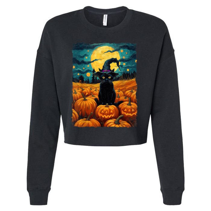 Halloween Black Cat Van Gogh Witch Kawaii Pumpkin Cropped Pullover Crew