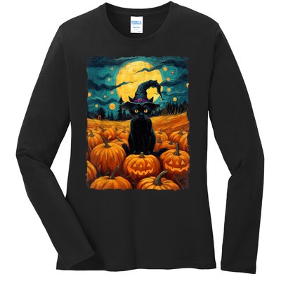 Halloween Black Cat Van Gogh Witch Kawaii Pumpkin Ladies Long Sleeve Shirt