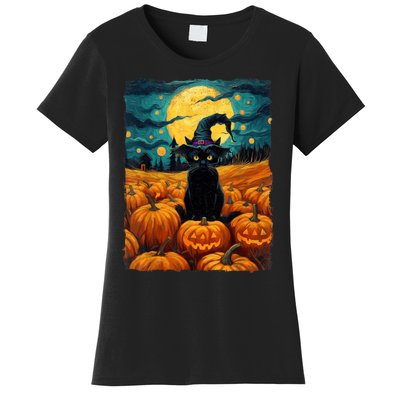 Halloween Black Cat Van Gogh Witch Kawaii Pumpkin Women's T-Shirt