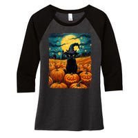 Halloween Black Cat Van Gogh Witch Kawaii Pumpkin Women's Tri-Blend 3/4-Sleeve Raglan Shirt