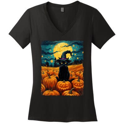 Halloween Black Cat Van Gogh Witch Kawaii Pumpkin Women's V-Neck T-Shirt