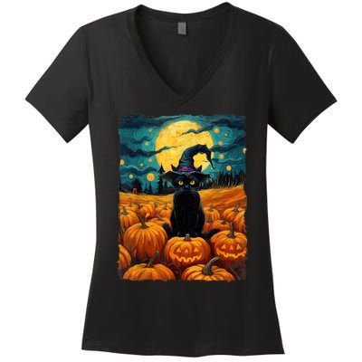 Halloween Black Cat Van Gogh Witch Kawaii Pumpkin Women's V-Neck T-Shirt